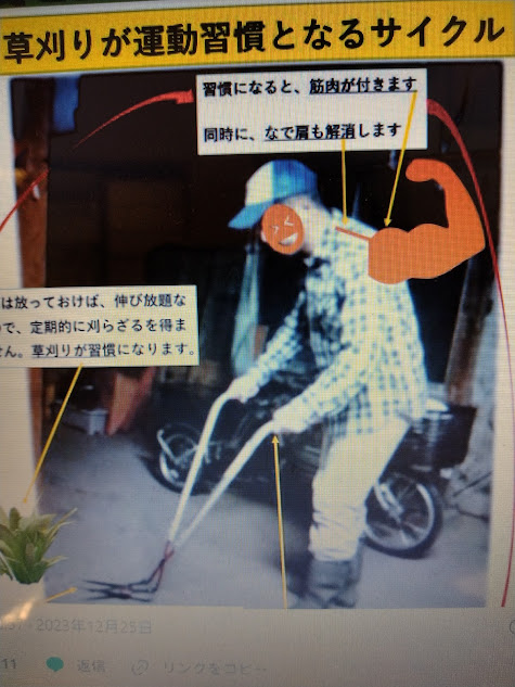 ドウカン草刈かっちゃんを活かし農地で農作業も兼ねた運動