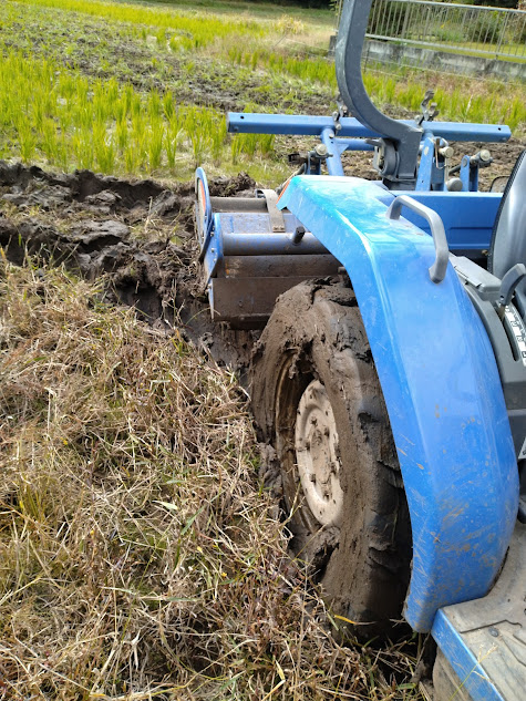 前輪が畔の安定地盤に上がったものの、相変わらず重さで抜け出すない後輪
