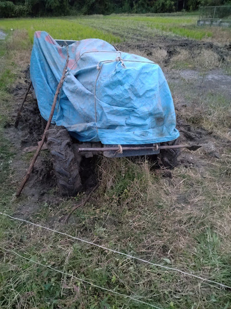 地盤が整うのを待つため、引き出し作業を次週に持ち越されたトラクター