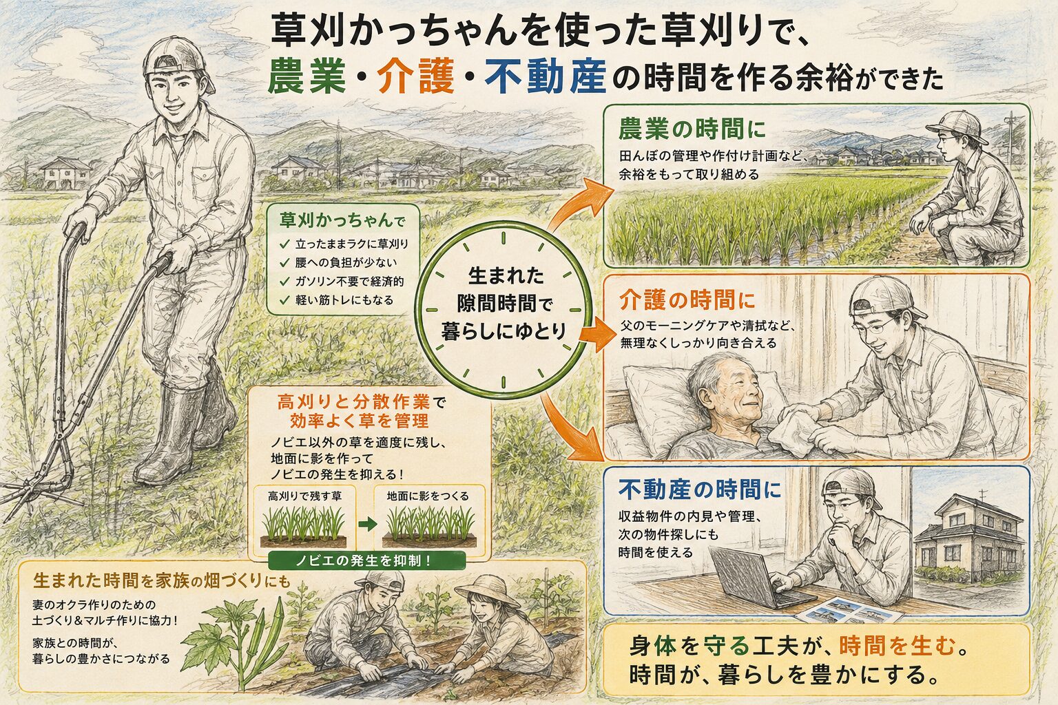 ノビエをの繁殖を抑える草刈かっちゃんを活用した草刈り