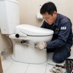Plumber kneeling and tightening bolts on a white toilet with a wrench