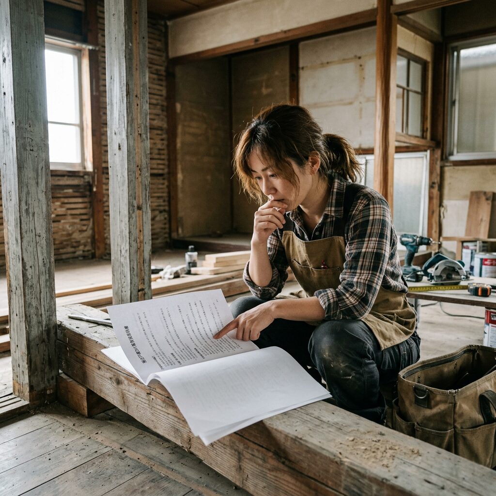 Person in work apron reviewing construction plans at a renovation site